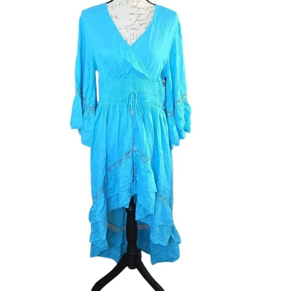 Venus Women's Size Large Bright Blue Hi-Lo V-Neck Boho Swim Cover Up